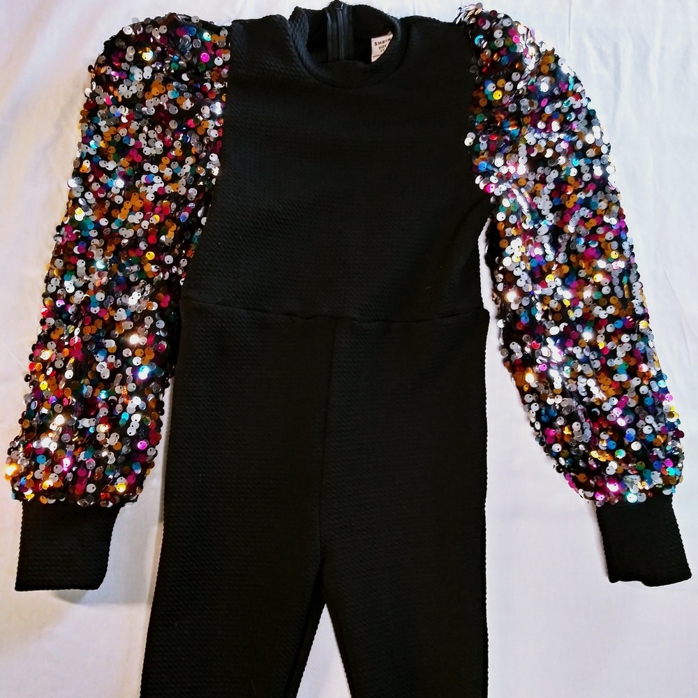 Kids Black Sequin Sleeve Jumpsuit Puffer Sleeve Glitter Party Outfit Size 5 5T‎ - Picture 2 of 7